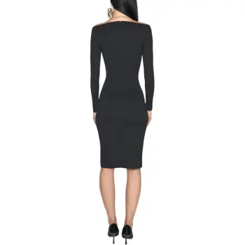 Mugler SS25 Black Illusion Neckline Midi Dress Long Sleeved Dress Women's Black