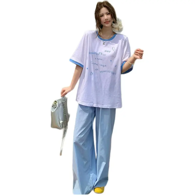 Mu Xiao Xin T Shirt Women's White Blue Patchwork English Balloons T Shirt-4