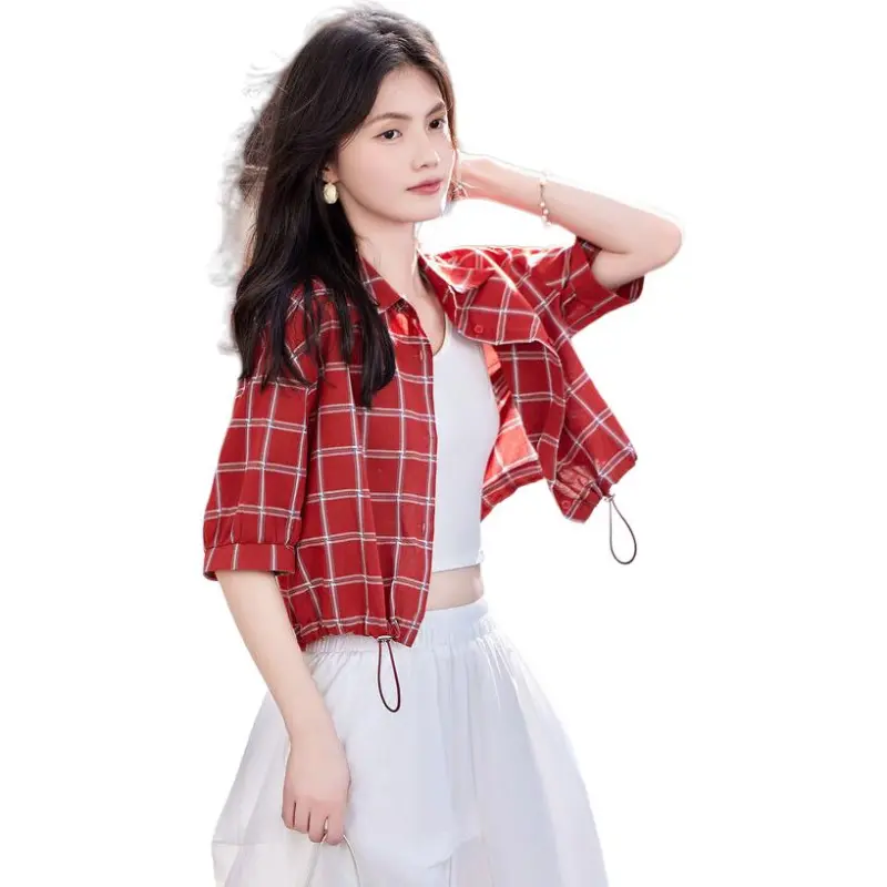 Mu Xiao Xin Shirt Women's Red Plaid-1