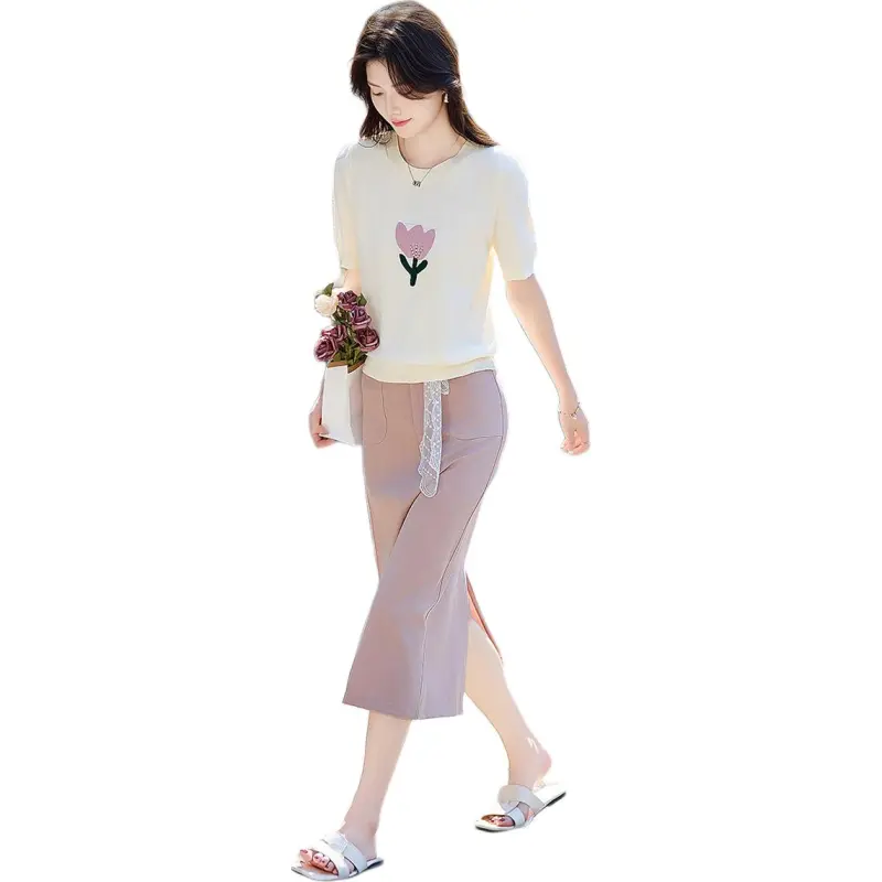 Still quiet Two Piece Skirt Sets Women's Ecru-2