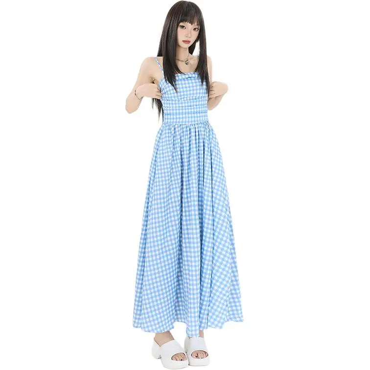 Kazakhstan Slip Dresses Women's Blue White Plaid Long Skirt-4