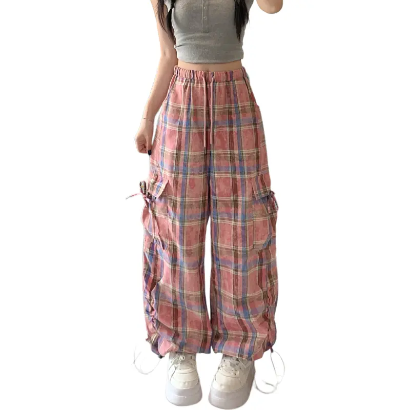 Mu Xiao Xin Casual Pants Women's Pink Blue Plaid-4