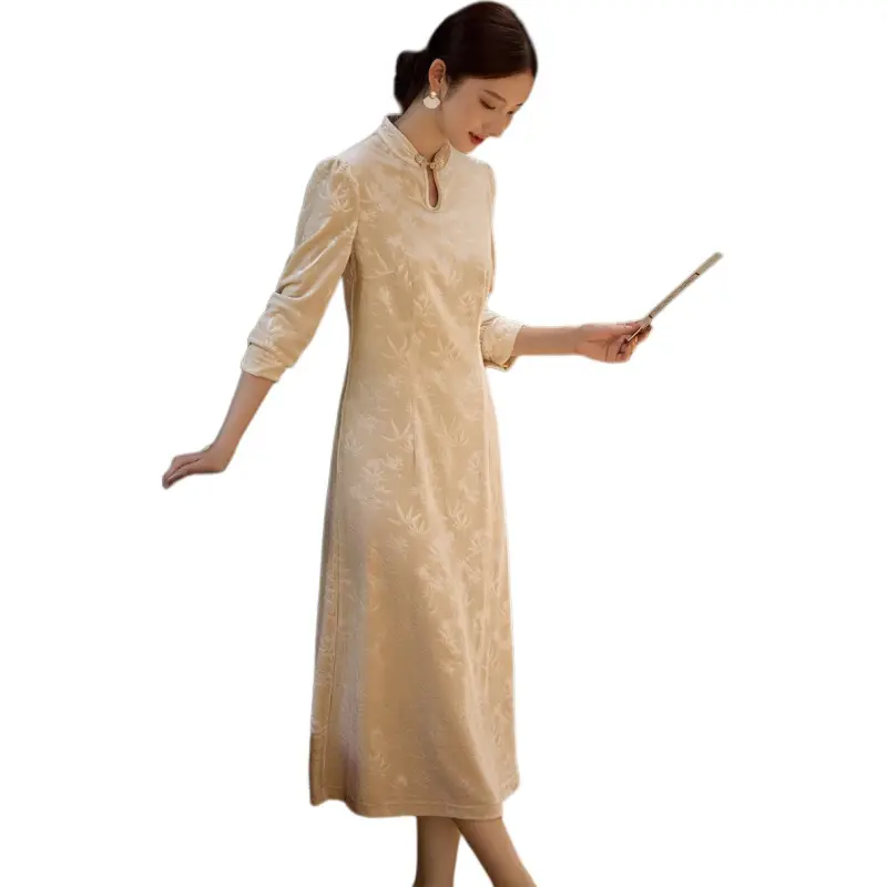 XWI Long Sleeved Dress Women's Beige Apricot-4