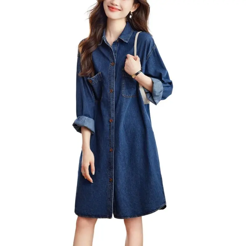Korean Style Long Sleeved Dress Women's Washed Blue-1