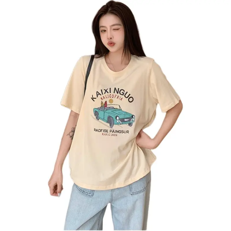 Mu Xiao Xin T Shirt Women's Apricot Blue Car T Shirt-1