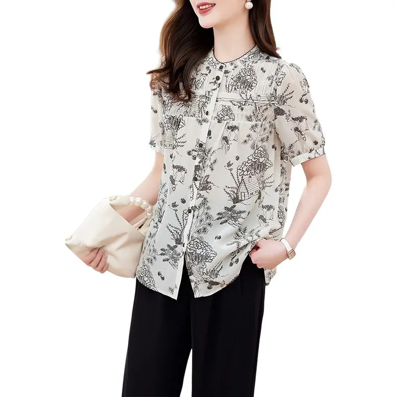 Yi Mengyuan Short Sleeved Silk Shirt Women's All Things Forest Flowers-1