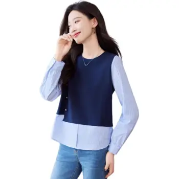 Korean Style Shirt Women's Navy Blue