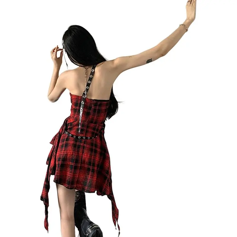 SECFLY OFFICIAL Sleeveless Dress Women's Red Black Plaid-1