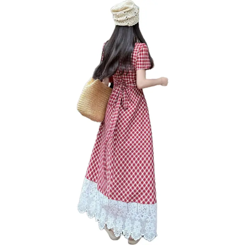 Mu Xiao Xin Short Sleeved Dress Women's Red Plaid-2