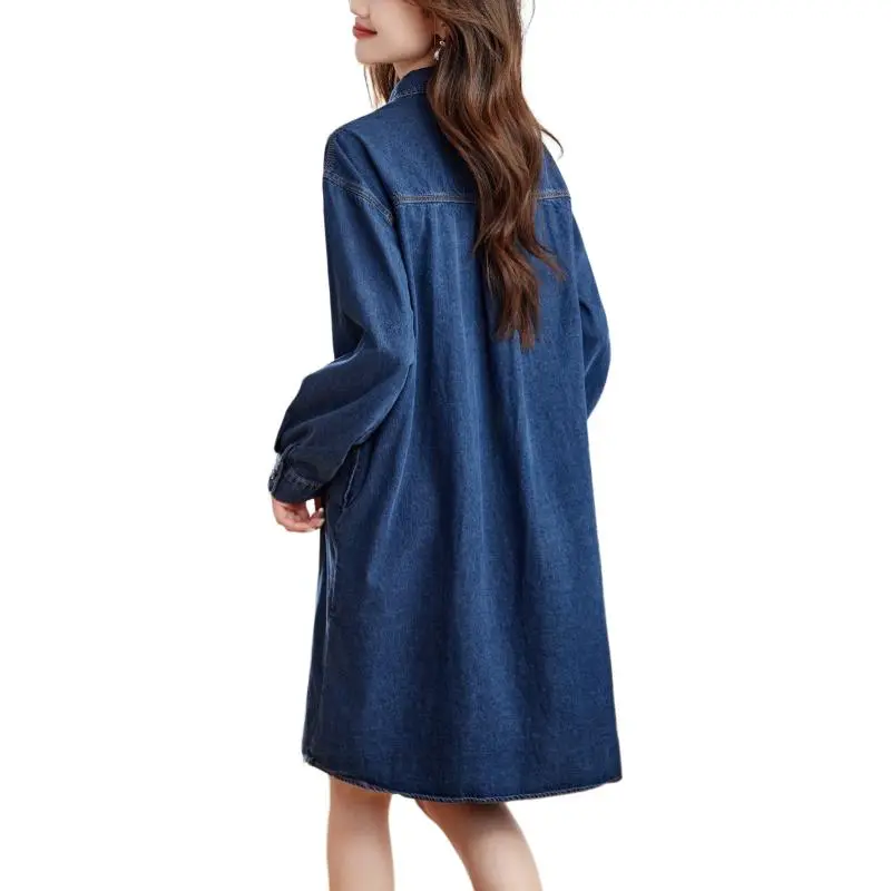 Korean Style Long Sleeved Dress Women's Washed Blue-2