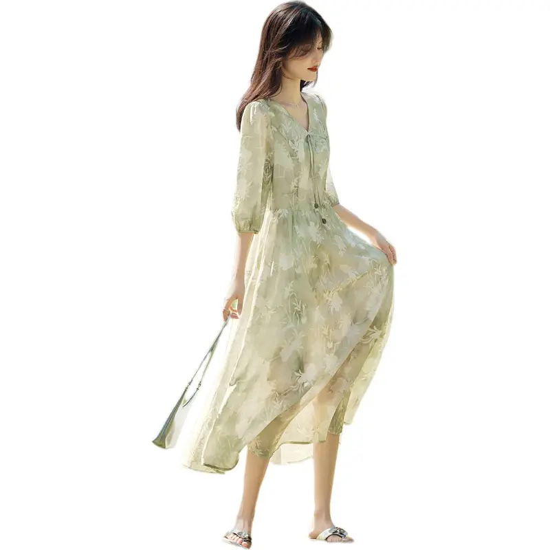 XWI Long Sleeved Dress Women's Light Tea Brown Green-1