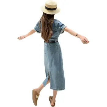TEME Short Sleeved Dress Women's Vintage Denim Blue