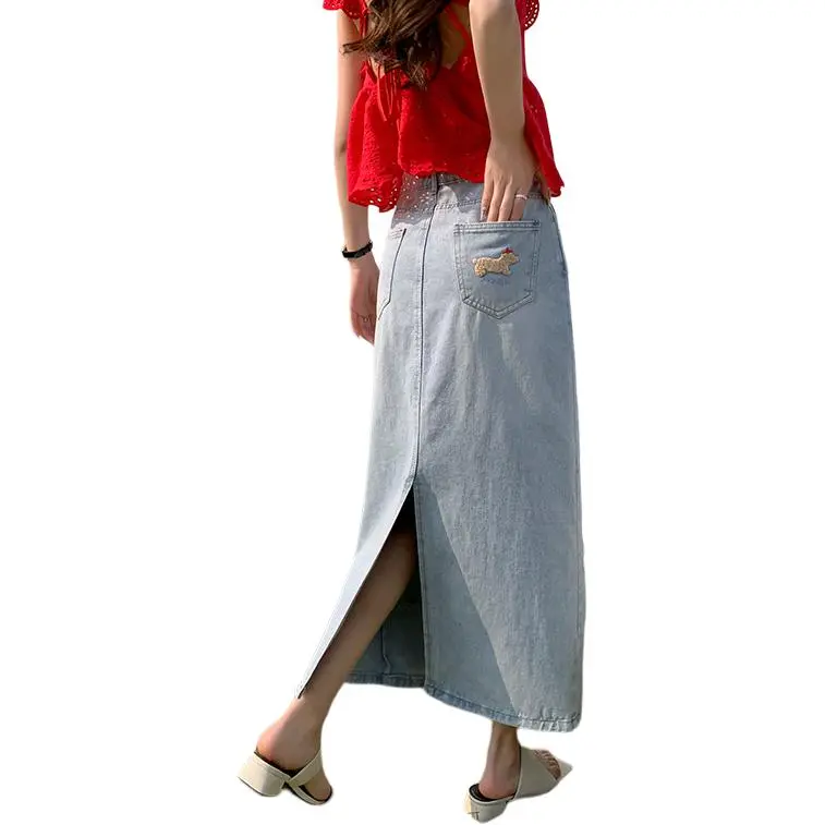 GOSO Denim Long Skirts Women's Blue-3