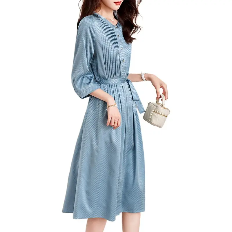 Yi Mengyuan Silk Short Sleeved Dress Women's Ocean Blue-3