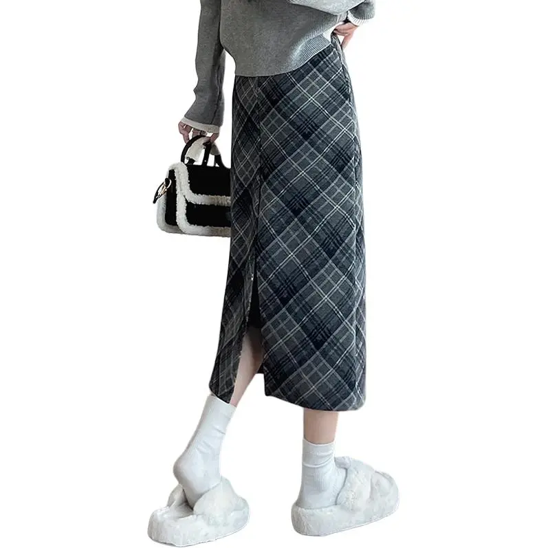 MM Casual Long Skirts Women's Blue Plaid-2