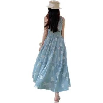 Flowers In Water Sleeveless Dress Women's Blue