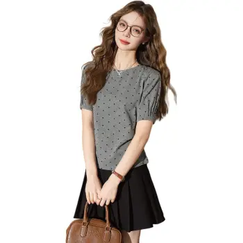 FAWENXIANGZI Lantern Sleeve T Shirt Women's Gray Cinched Waist