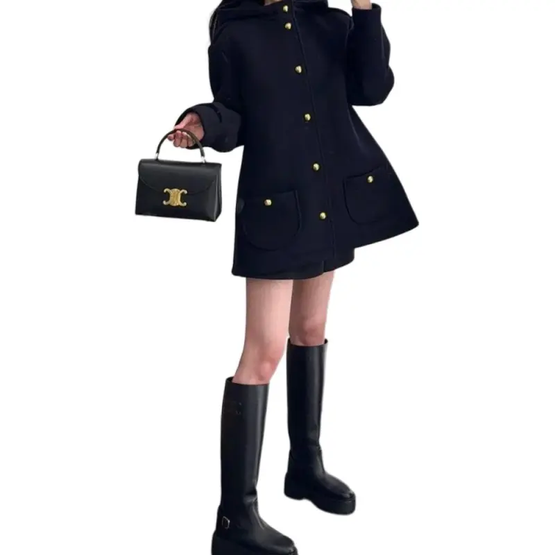 CELINE Hooded Triomphe Coat In Wool Felt-4