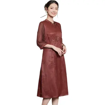 Yi Mengyuan Silk Short Sleeved Dress Women's Red Brown