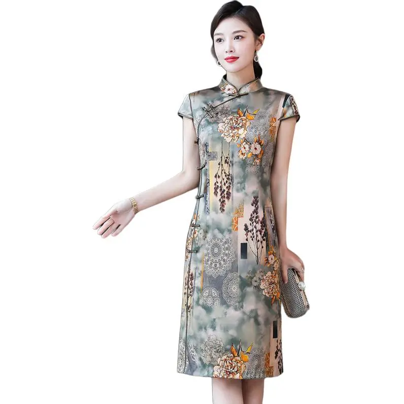 Yi Mengyuan Silk Short Sleeved Dress Women's Mixed Color-0