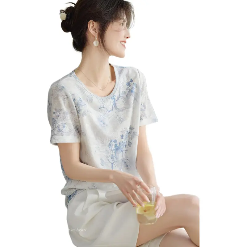 XWI Regular T Shirt Women's Beige With Blue Floral-2