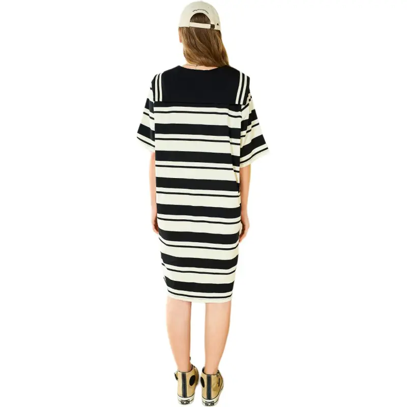 MUGUOGUOMU Short Sleeved Dresses Women's Black White Stripes-1