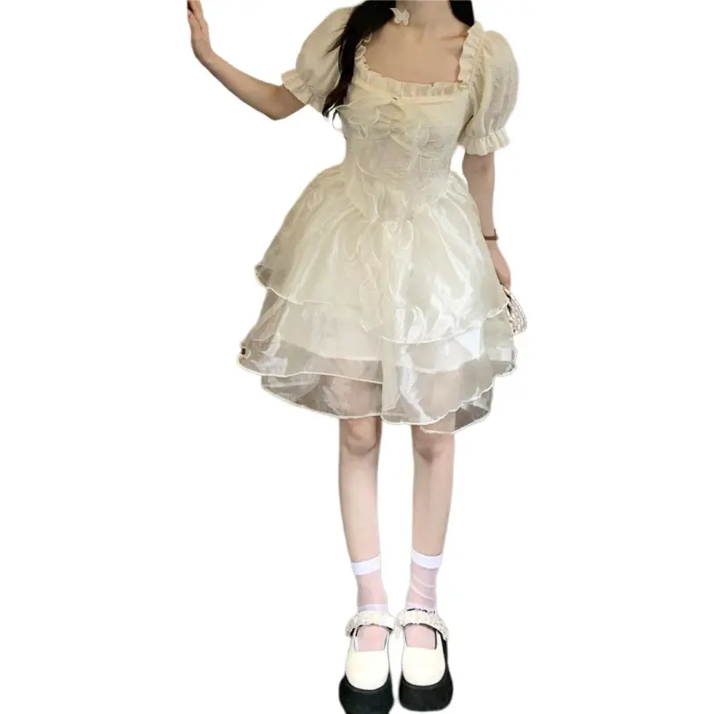 Mu Xiao Xin Short Sleeved Dress Women's Apricot-4