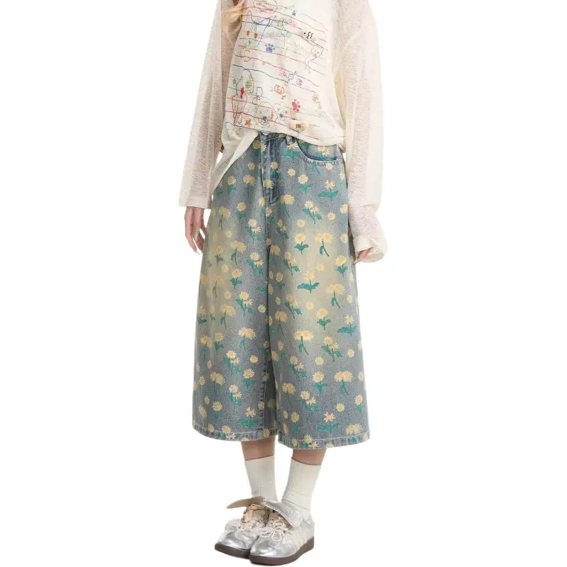 T IRA Denim Shorts Unisex Floral Blue-2