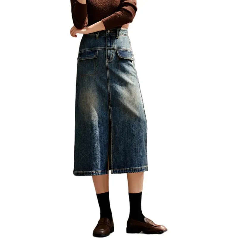 Mo Han Yi Mei Denim Long Skirts Women's Vintage Blue-2