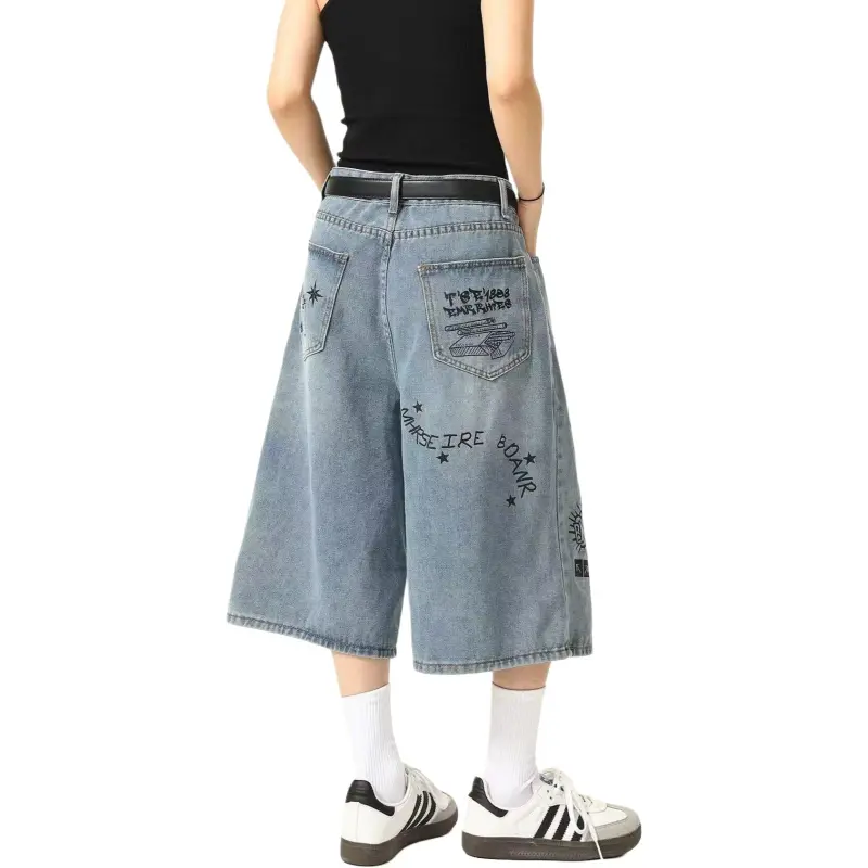 T IRA Denim Shorts Unisex Graffiti Blue-1