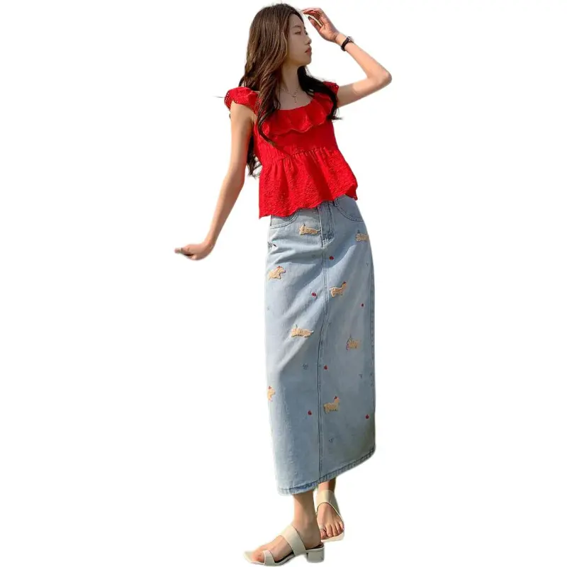 GOSO Denim Long Skirts Women's Blue-5