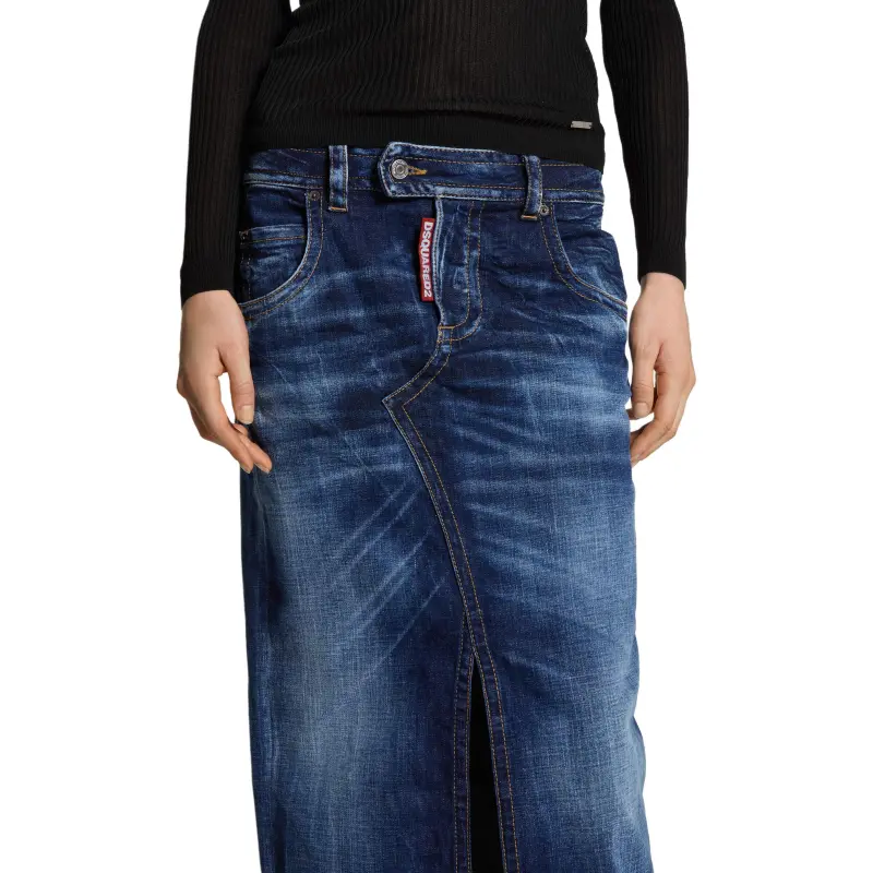 DSQUARED 2 Medium Wash Front Split Jean Skirt-4
