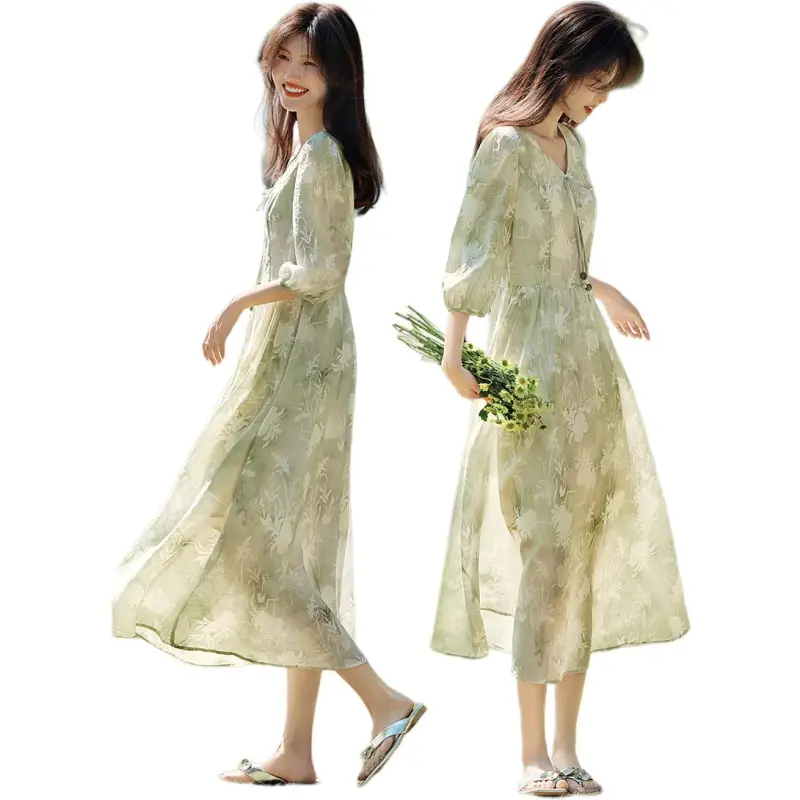 XWI Long Sleeved Dress Women's Light Tea Brown Green-2