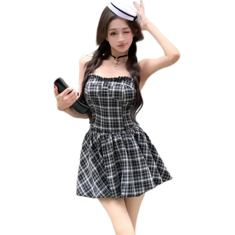 GOSO Sleeveless Dresses Women's Black Plaid Dress-2