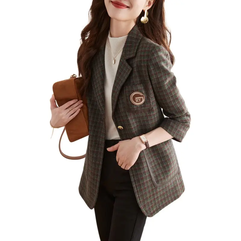 Mo Han Yi Mei Business Suit Women's Green Base Coffee Plaid-2