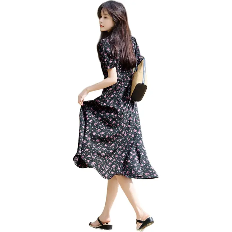 Mo Han Yi Mei Short Sleeved Dress Women's Black With Purple Floral-2