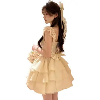 The Temptation Of The Muse Slip Dress Women's Apricot Princess Dress With Bowknot Pin Detachable
