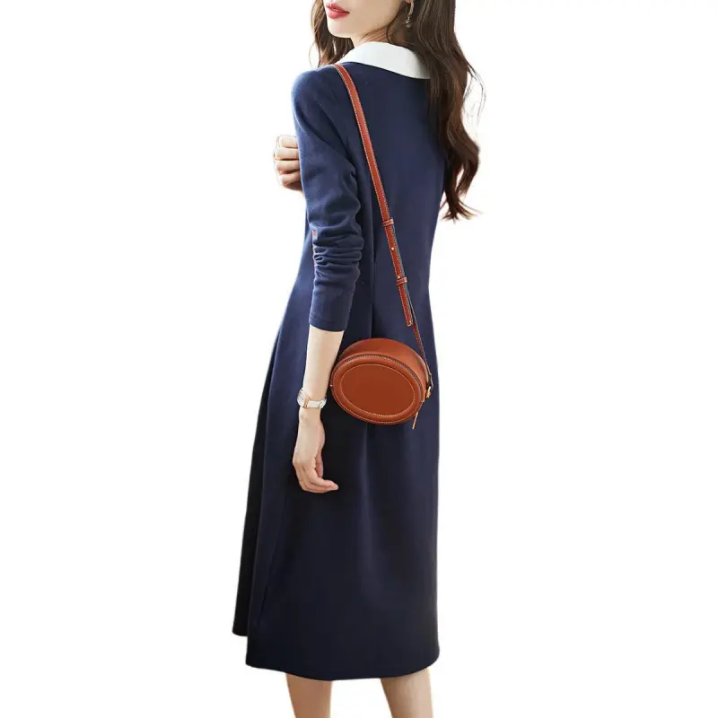 Mo Han Yi Mei Long Sleeved Dresses Women's Navy Blue-1