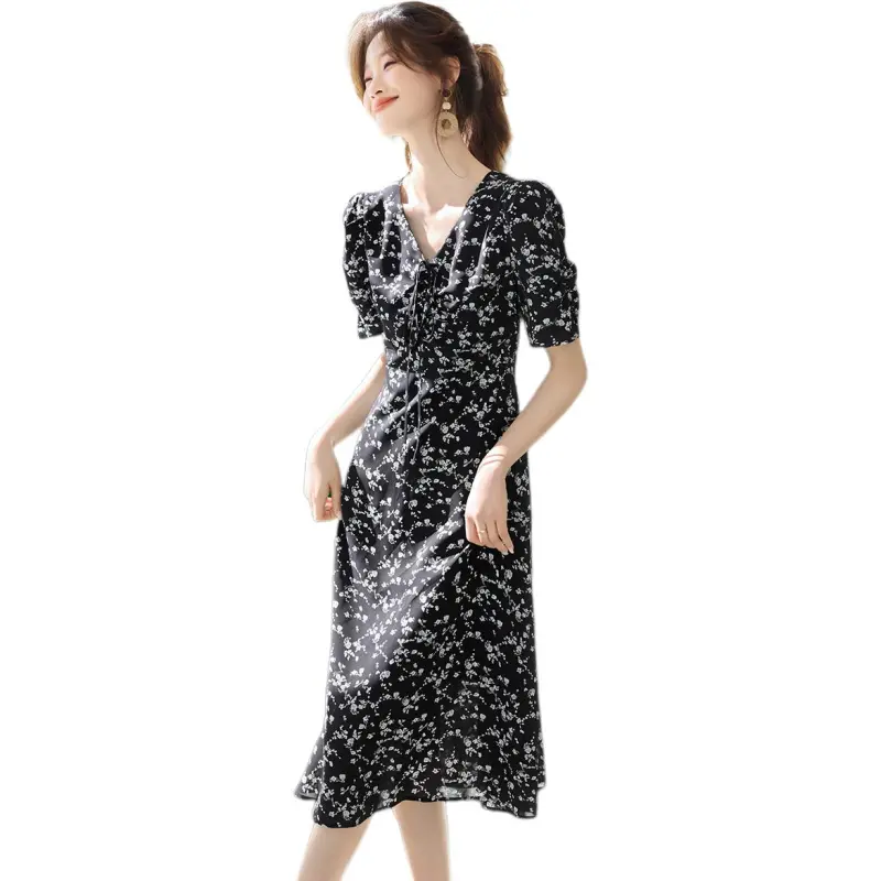 Mo Han Yi Mei Short Sleeved Dress Women's Black With White Floral-1
