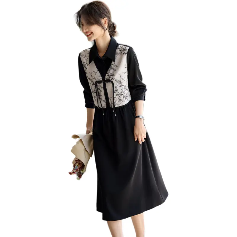 XWI Long-Sleeved Dresses Women's Beige Base With Black Floral Pattern And Black Accents-1