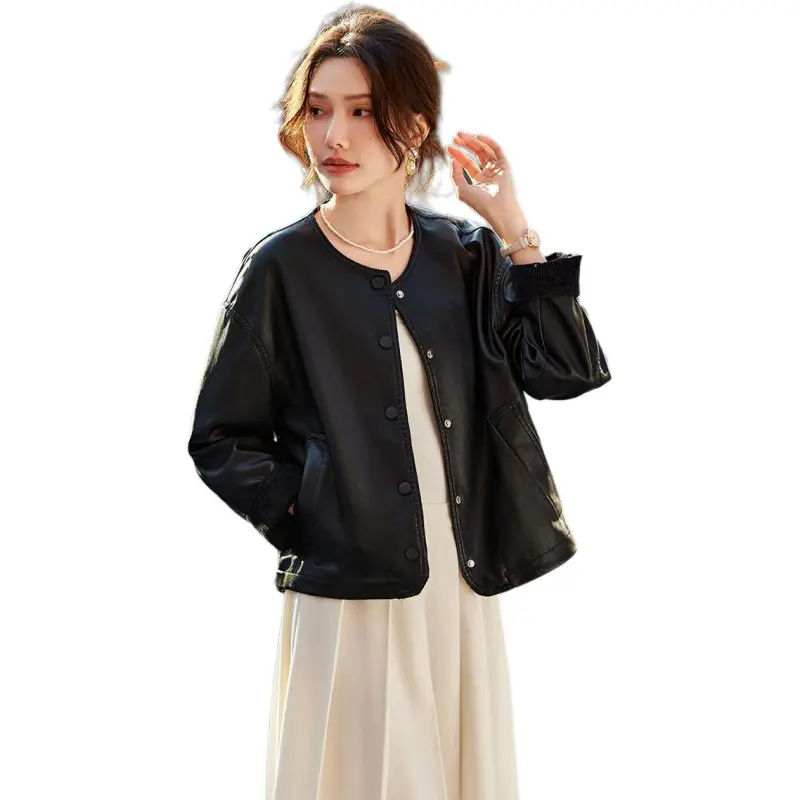TERRE BLEUE Spring, Fall Leather Jacket Loose Fit Women's-0