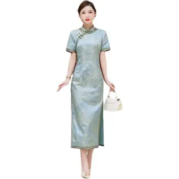 Yi Mengyuan Silk Short Sleeved Dress Women's Gray Blue