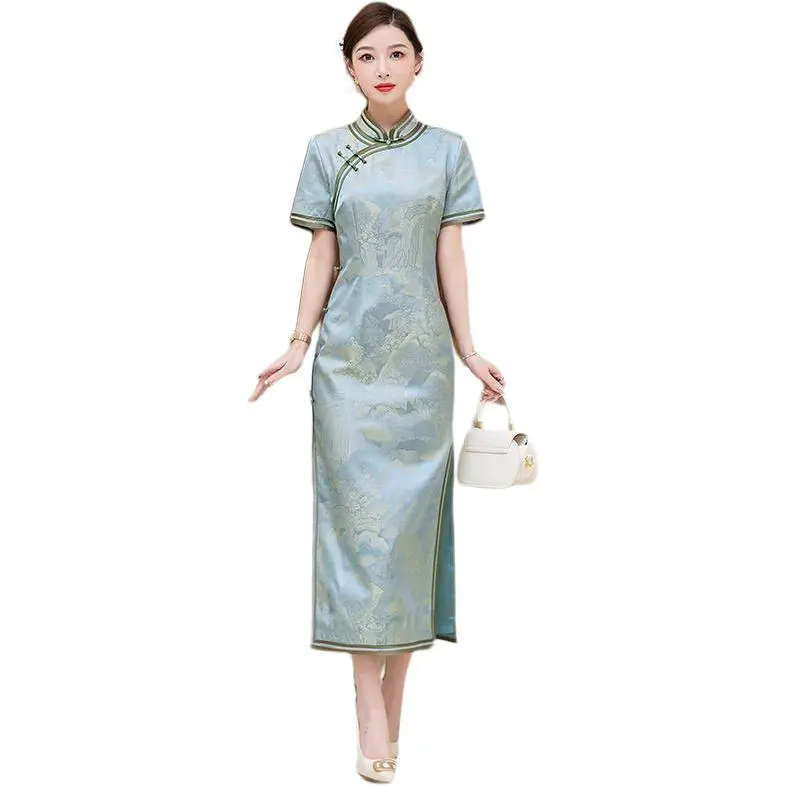 Yi Mengyuan Silk Short Sleeved Dress Women's Gray Blue-0