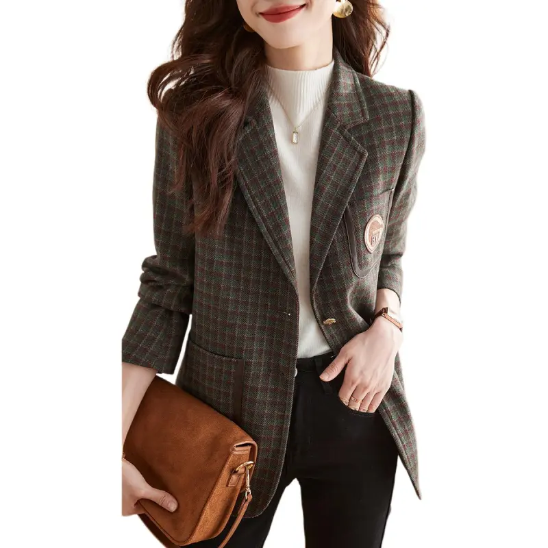 Mo Han Yi Mei Business Suit Women's Green Base Coffee Plaid-3