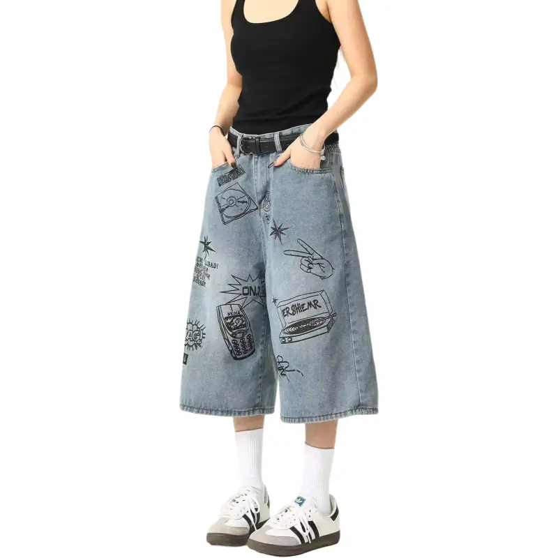 T IRA Denim Shorts Unisex Graffiti Blue-4