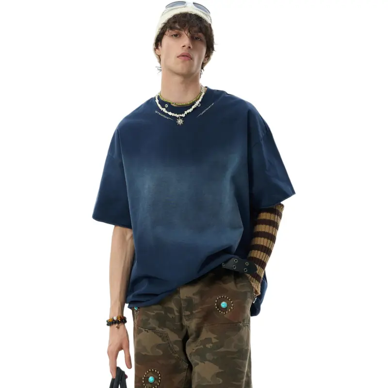JHYQ T Shirts Unisex Spray Dye Navy Blue-1