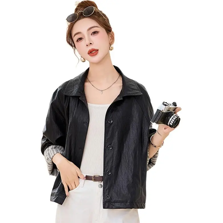 Yi Mengyuan Leather Jackets Coats Women's Black-3