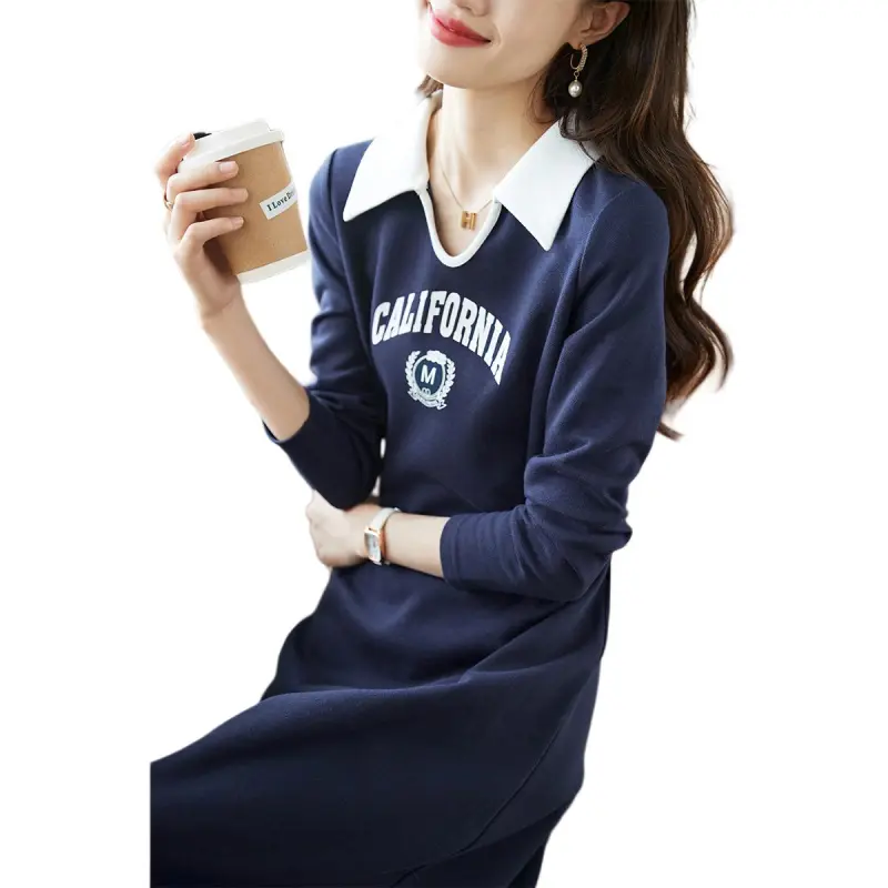 Mo Han Yi Mei Long Sleeved Dresses Women's Navy Blue-2