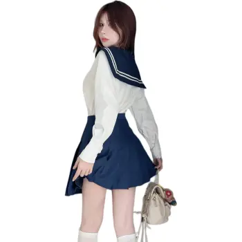 Mu Xiao Xin Skirt Set Women's Navy Collar Top/Blue Pleated Skirt