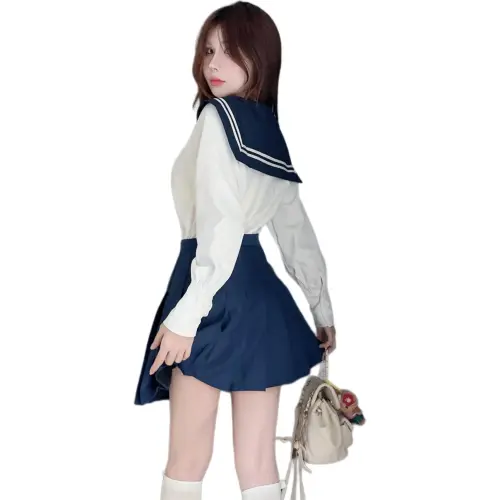 Mu Xiao Xin Skirt Set Women's Navy Collar Top/Blue Pleated Skirt